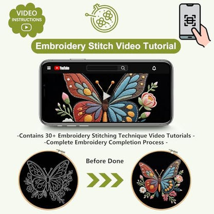 Santune Embroidery Kit Needlepoint Cross Stitch Kits for Beginners Adult Needle Point Sets with Butterfly Embroidery Patterns, Includes Step-By-Step Instructions and Accessories - Image 3