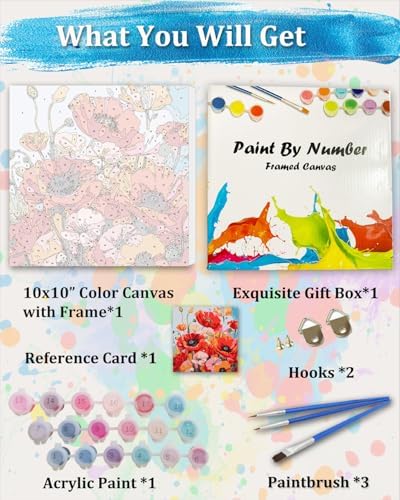 TOCARE Framed Paint by Numbers Kit for Adults Red Poppy Paint by Number Framed, Adult Paint by Number Kits on Canvas Framed Flowers for Home Wall Decor (10x10 Inch, Without Easel) - Image 6