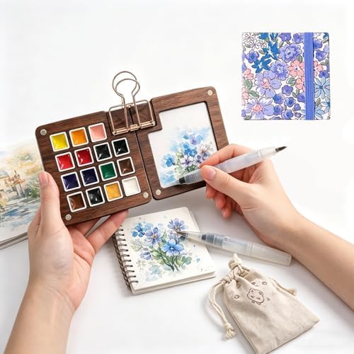 Mini Watercolor Travel Set – 15 Colors Watercolor Paint Set with Wooden Palette, Magnetic Lid, Water Brush, Sketchbook, Clips & Storage Bag, Complete Pocket Painting Kit for Artists, Beginners & Outdoor Sketching by Unknown
