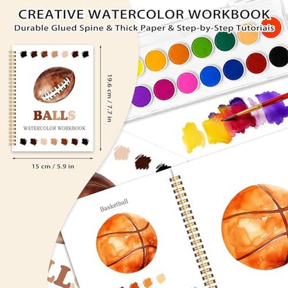 Easy Sports Balls Watercolor Workbook for Beginners, Water Coloring Book, 12 Different Patterns, 18 Colors Watercolor Paint Set, Stress Relieving, DIY Art Gift for Fans, Adults and Teens - Image 2