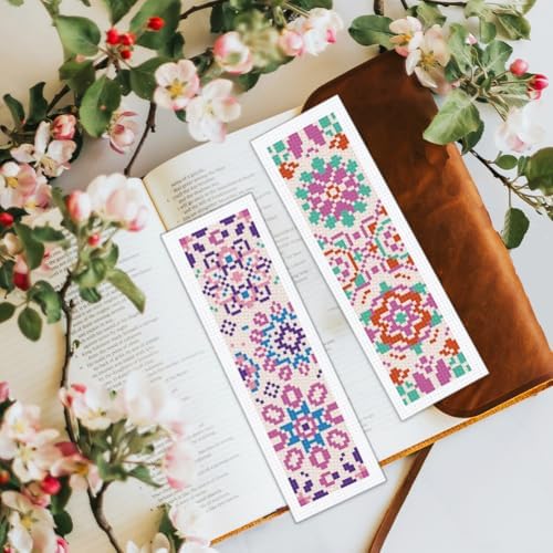 BEUNITONE 6 Pcs Mandala Cross Stitch Bookmark Kits for Beginners DIY Stamped Embroidery Bookmark Kit Colorful Floral Punch Needle Set with Instructions Craft Kit for Book Lover Gifts 8''x2.4'' - Image 7
