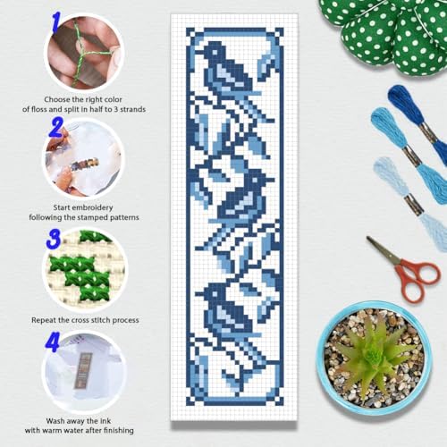 BEUNITONE Cross Stitch Bookmark Kit 6 Pcs Watercolor DIY Bookmarks Cross Stitch Kits for Beginners Birds Flower Stamped Embroidery Bookmark with Landscape Patterns Craft Kit for Gifts 8''x2.4'' - Image 4