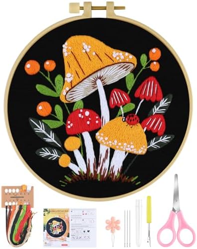 ERKOON Embroidery Kit for Beginners, Flower Cross Stitch Set for Include Embroidery Cloth Hoops Threads for Craft Lover Hand Stitch with Embroidery Skill Techniques (Mushroom) by ERKOON