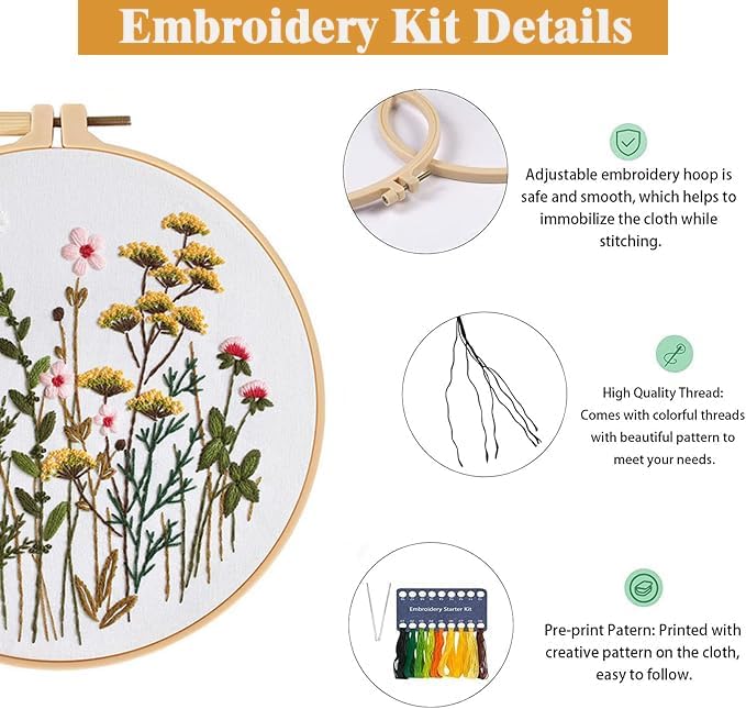 GLTAYLMY Flower Embroidery Kit for Beginners with Pattern and Instructions,3 Pack Cross Stitch Kits,1 Plastic Embroidery Hoops,Threads and Needles,Needlepoint Kit for Adults - Image 4