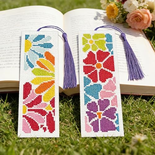 INFUNLY 6 Pcs Colorful Flower Cross Stitch Bookmark Kit with Tassels, Stamped Pre-Printed Floral Embroidery for Adults Beginners, DIY Tool Set with Floss Scissors Needles, Craft Gift for Book Lovers - Image 2