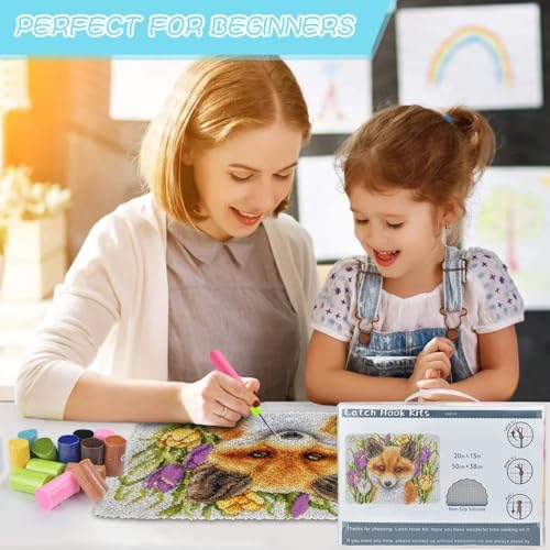 Yjunue Latch Hook Rug Kit for Adults DIY Crochet Yarn Kits with Color Printed Canvas Fox Pattern Rug Making Craft Embroidery Tapestry Set Home Decor Festival Gift 20''X14'' - Image 2