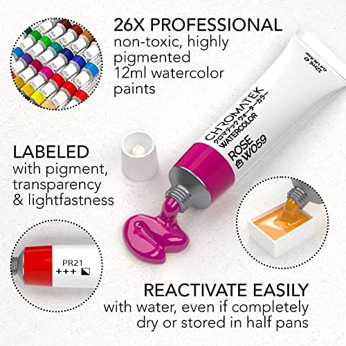 CHROMATEK Watercolor Paint Set - 62 Piece Kit - Video Tutorial Course - For Adults, Beginner & Professional Artists - 26 Tubes (12ml), Sketch Pad, 8 Painting Brushes, Aquapen, Palette, Masking Tape - Image 5
