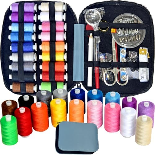 Sewing Kit with Case Portable Sewing Supplies for Home Traveler, Adults, Beginner, Emergency, Contains 18 Sewing Thread, Scissors, Needles, Measure etc,Medium Delft Blue by LE+PAON