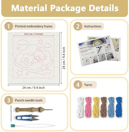 Doodlream Bear Cloud Needle Kit for Beginner, 9.4"x 9.4" Cartoon Animal Punch Stitching Craft Set, Color DIY Embroidery Starter with Printed Frame, Instruction, Threader, Yarn, Pinch Needle - Image 2