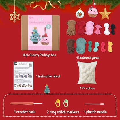 HOUSE CREATIVITY Crochet Kit for Beginners – Make a Christmas Tree & Cupcake, Amigurumi Crochet Starter Kit with Video Tutorial, Yarn & Hook, DIY Holiday Ornament & Cute Desk Decor Gift - Image 4