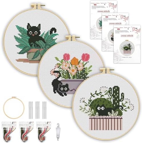 TCDZMYGS 3 Pack Stamped Cross Stitch Kits for Beginners-Plant Cat,with Hoop by TCDZMYGS