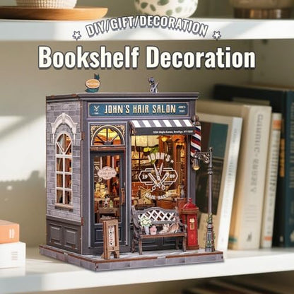 CUTEBEE Book Nook Kit - DIY Miniature House Dollhouse Kit for Adults, Booknook Hair Salon Barbershop Tiny House Bookshelf Decor 3D Wooden Puzzle, Gifts for Family and Friends (John's Hair Salon) - Image 4