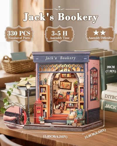 CUTEBEE Book Nook Kit - DIY Miniature House Dollhouse Kit for Adults and Teens, Booknook Tiny House Bookstore Library Bookshelf Decor 3D Wooden Puzzle, Gifts for Family, Friends (Jack’s Bookery) - Image 2