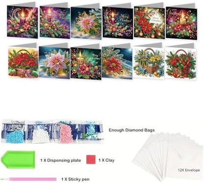 jinglinhh 12pcs Diamond Art Painting Christmas Poinsettia Basket Candle Greeting Cards with Envelopes, DIY Card Making Kits for Adults, Diamond Art Christmas Cards for Holiday Gifts - Image 3