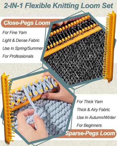 UCDRMA Upgraded Adjustable-Pegs Loom Knitting Kit (Pre-Installed Pegs), 2-in-1 Knitting Loom Set Quick Crochet Loom with 12 Yarn & Instructions & Pom Pom Maker, Scarf Loom Crochet Kit for Beginners - Image 3