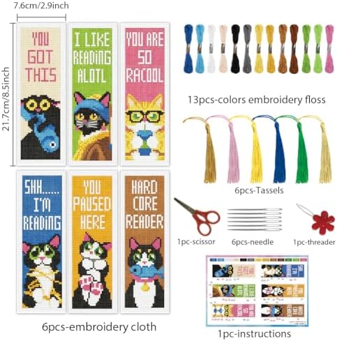 INFUNLY 6 Pcs Cat Quotes Stamped Embroidery Bookmark 8.5x3 inch Cartoon Kitten Stamped Cross Stitch Kit for Adults DIY Reading Quote Stitch Bookmarks Kit for Readers Writers Craft Gift - Image 2