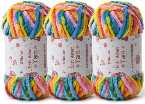 3x100g Fluffy Velvet Chenille Yarn for Crocheting and Knitting, 3x87.4yd Baby Yarn for Crocheting Soft, Crochet Chunky Yarns Amigurumi Yarns（Rainbow 1 by OMoiut