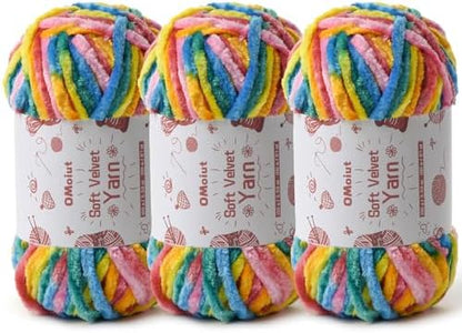 3x100g Fluffy Velvet Chenille Yarn for Crocheting and Knitting, 3x87.4yd Baby Yarn for Crocheting Soft, Crochet Chunky Yarns Amigurumi Yarns（Rainbow 1 by OMoiut