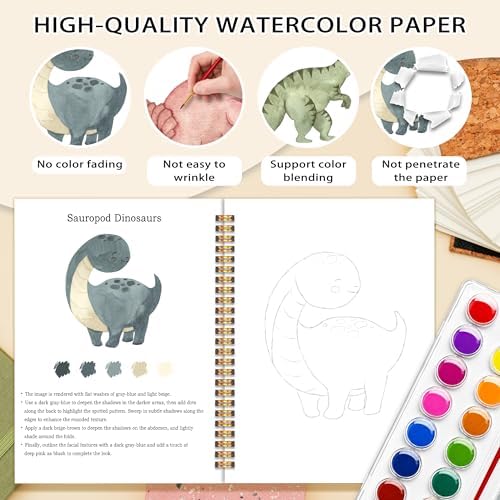 Easy Dinosaur Watercolor Workbook for Beginners, Water Coloring Book, 18 Colors Watercolors Paint Set, 12 Patterns Watercolor Kit, Fun Family Art Activity, Gift for Adults Teen - Image 3