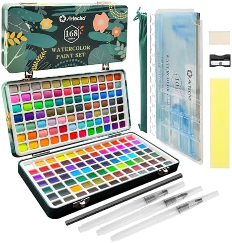 Artecho 168-Color Watercolor Paint Set with Metallics, Tin Case by Artecho