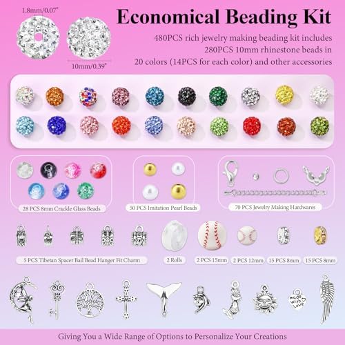 Dowarm 480PCS 10mm Rhinestone Beads Kit for Jewelry Making Baseball Necklace Friendship Bracelet, Round Disco Ball Rhinestone Clay Beading Set with Crackle Spacer Beads Charms for DIY Crafting - Image 2