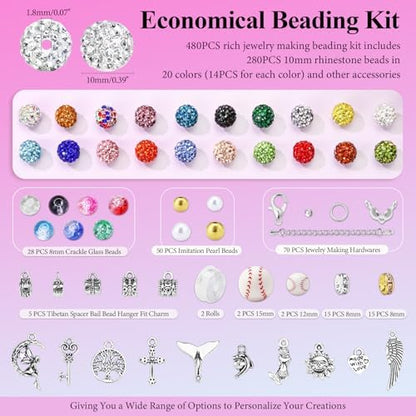 Dowarm 480PCS 10mm Rhinestone Beads Kit for Jewelry Making Baseball Necklace Friendship Bracelet, Round Disco Ball Rhinestone Clay Beading Set with Crackle Spacer Beads Charms for DIY Crafting - Image 2
