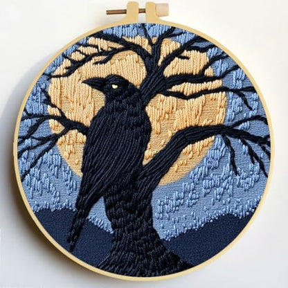Punch Needle Kits Black Raven on Black Tree Under Moon 20x20cm-3 by Unknown