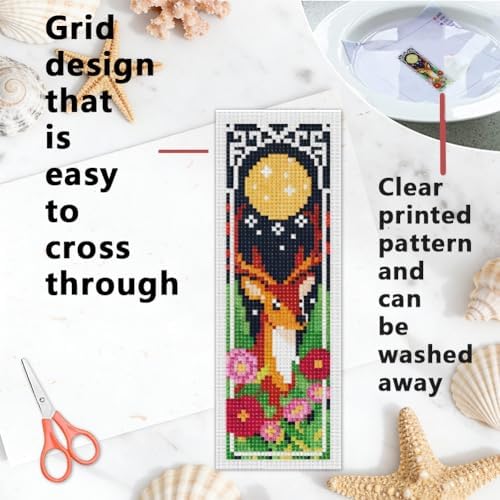INFUNLY 6 Pack Night Animal Cross Stitch Bookmark Kit with Tassels, Stamped Pre-Printed Moon Star Embroidery for Adults Beginners, DIY Tool Set with Floss Scissors, Craft Gift for Book Lovers - Image 5