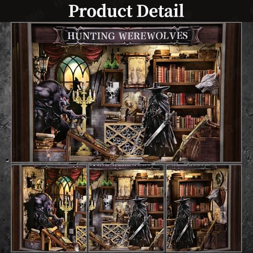 Book Nook Kit-3D Wooden Puzzle with LED Touch Control & Wall-Mountable Frame,DIY Miniature House for Beginners,Bookshelf/Tabletop/Wall Decor for Craft Lovers,Dollhouse Gift,Hunting Werewolves - Image 4