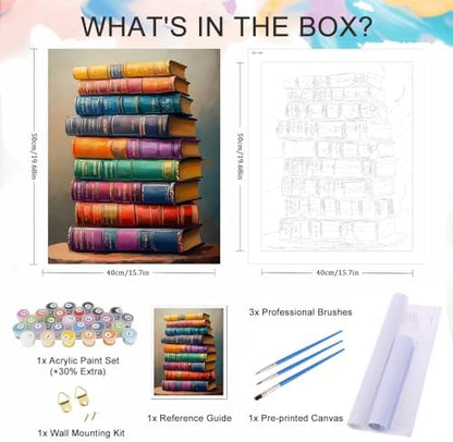 Natuyalo Paint by Numbers for Adults, Stacked Books Paint by Numbers Kit on Canvas for Beginners, Number Painting Set Art Craft Supplies, 3 Paintbrushes and Acrylic Paint 16x20 inch - Image 5