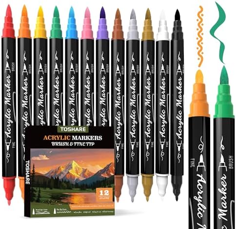 12 Colors Precision Dual Tip Acrylic Paint Markers Pens - Brush & Fine by TOSHARE