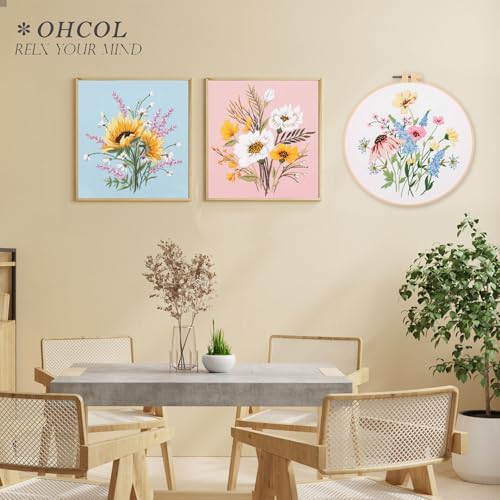 Ohcol 3 Sets Embroidery Kit,Cross Stitch Kits Needlepoint Kits for Adults Beginner,Needle Point Kits with Washable Pre-Printed Floral Pattern,Hoops,Women DIY Hand Crafts - Image 3