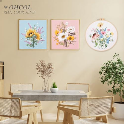 Ohcol 3 Sets Embroidery Kit,Cross Stitch Kits Needlepoint Kits for Adults Beginner,Needle Point Kits with Washable Pre-Printed Floral Pattern,Hoops,Women DIY Hand Crafts - Image 3