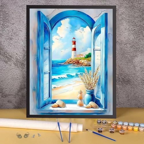 RICUVED Beach Paint by Numbers for Adults, Window View Paint by Numbers Kit for Adults Beginners, Seaside DIY Acrylic Lighthouse Oil Painting on Canvas Easy for Gift Home Wall Decor 16x20 Inch - Image 2