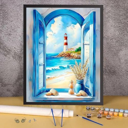 RICUVED Beach Paint by Numbers for Adults, Window View Paint by Numbers Kit for Adults Beginners, Seaside DIY Acrylic Lighthouse Oil Painting on Canvas Easy for Gift Home Wall Decor 16x20 Inch - Image 2