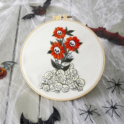 Crafmanoe Halloween Embroidery Starter Kit for Beginners Adults, Skull Flowers Stamped Cross Stitch Kits for Beginners Adults, Gothic Hand Embroidery Needlepoint Kits, Hoops, Fabric and Video Tutorial - Image 6