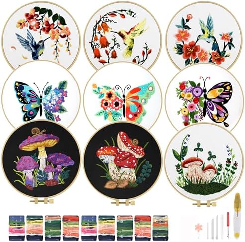 TINDTOP Embroidery Kit for Adult, Hummingbird Butterfly Mushroom Flower Kit by TINDTOP