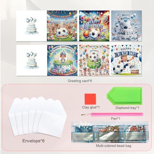 JISHSHAY 6 PCS Diamond Painting Happy Birthday Cards Football Cake Diamond Art Greeting Cards with Envelopes Gem Art Gem Painting Embroidery Kit Mosaic Kits for Adults with Special Shape Drills - Image 3