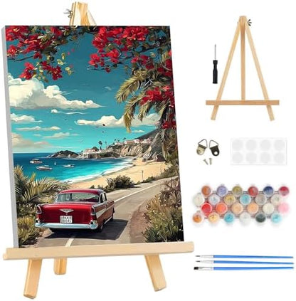 TOSTOG Seaside Road Framed Canvas Paint by Numbers Art Kit for Adults and Kids, Beginner Acrylic Oil Painting Supplies with Wooden Frame for Home Wall Decor 20 * 30 cm/8 * 11.8 in by TOSTOG