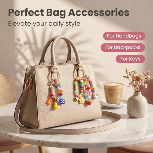 Cmidy Bag Charm Kit DIY Keychain Carabiner Bag Charm Making Kit Supplies Custom Beaded Keychain Purse Charms Kits Set Including Large Hole Beads Acrylic Charms Gold Carabiner Clip (Multicolor) - Image 4