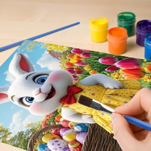 Easter Floral Rabbit Paint by Numbers Kits for Adults Beginner, Easter day with Cartoon Cute Happy Bunny, Canvas Painting by Numbers for Adults, Easy Oil Painting Kits for Gifts Home Decor 16x20 Inch - Image 2