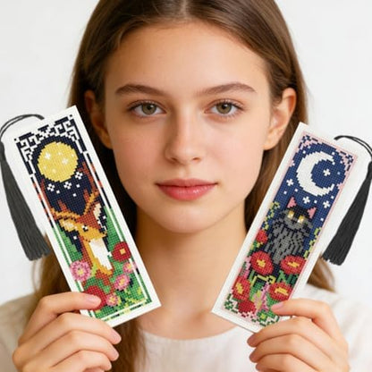 INFUNLY 6 Pack Night Animal Cross Stitch Bookmark Kit with Tassels, Stamped Pre-Printed Moon Star Embroidery for Adults Beginners, DIY Tool Set with Floss Scissors, Craft Gift for Book Lovers - Image 7