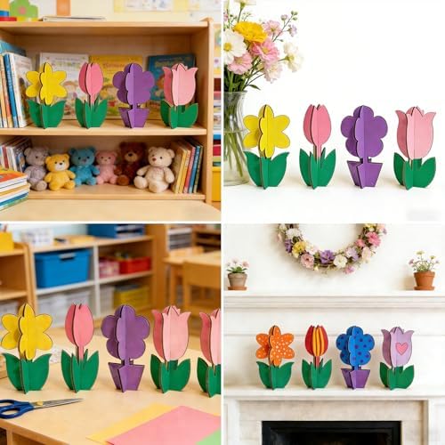 Mykzarpnix Wooden Flower Painting Kit, 12 Unfinished Wood 3D Flowers to Paint, DIY Spring Craft Set for Adults and Family, Blank Tulip Wood Cutouts for Home Decor, Tabletop Mantel Display - Image 6
