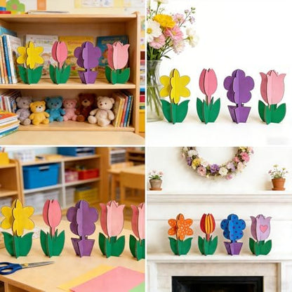 Mykzarpnix Wooden Flower Painting Kit, 12 Unfinished Wood 3D Flowers to Paint, DIY Spring Craft Set for Adults and Family, Blank Tulip Wood Cutouts for Home Decor, Tabletop Mantel Display - Image 6