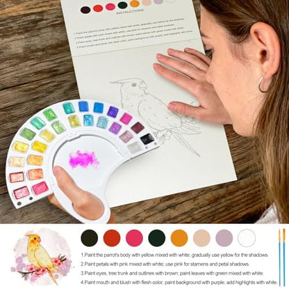Watercolor Workbook, Water Coloring Book with 13 Pages 300GSM Paper, 26 Colors Watercolor Paint Set with Brush & Storage Bag, Beginner-Friendly Coloring Book for Adults，Birds Theme - Image 3