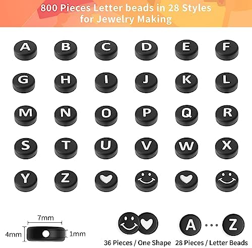 ARTDOT 800 Pieces Assortment Letter Beads for Friendship Bracelets Making Kit, 28 Styles Jewelry Making Supplies Alphabet Beads Set Preppy Crafts Art, Multicolor Black - Image 4