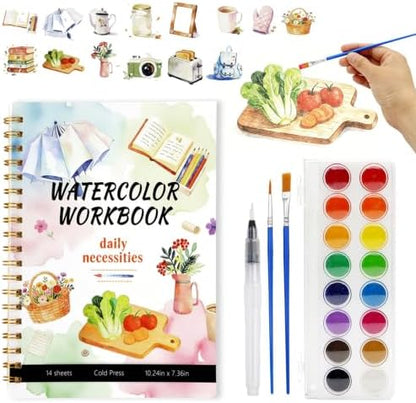 Watercolor Workbook for Adults – Watercolor Coloring Book with 14 Watercolor Paintings, 16 Colors, 3 Brushes & Color Mixing Guide – Large 200GSM Paper for Beginners & Art Enthusiasts by ZABARE