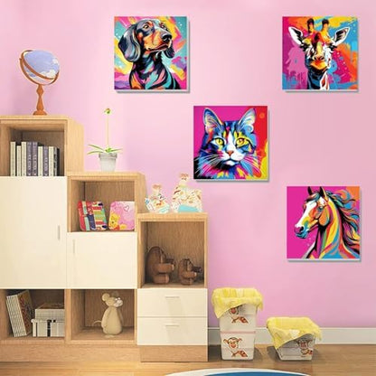 6 Pack Framed Paint by Numbers Kit for Kids, Horse Color By Number Painting Kits for Kids Ages 4-8-12, Cat Giraffe Paint by Numbers Canvas Children DIY Paints by Number Kits for Beginners 8x8Inch - Image 5