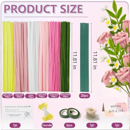 AHAMETON 620Pcs Pastel Pink White Pipe Cleaners Flower Kit,Chenille Stems - Image 3