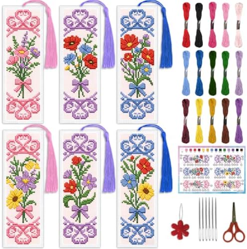 INFUNLY 6 Pcs Bouquet Stamped Cross Stitch Bookmark Kit with Tassels, Pre-Printed Water Soluble Grid for Adults Beginners, DIY Embroidery Set with Tools, Gift for Book Lovers by INFUNLY
